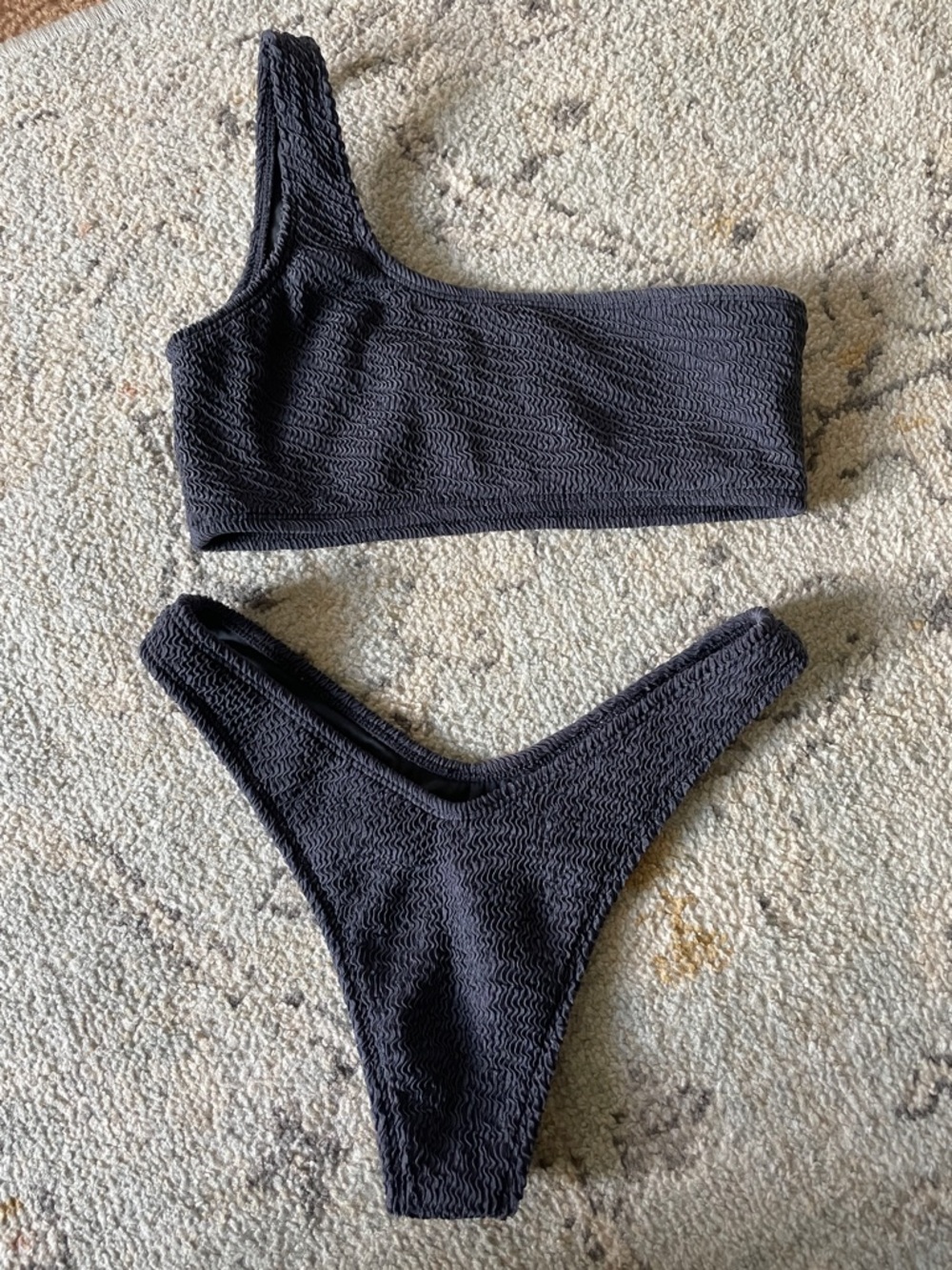 One-Shoulder Navy Textured Bikini Set